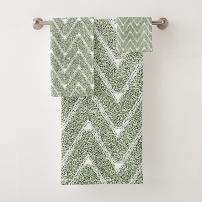 Dusty Sage Green Chevron Pattern Bath Towel Set (Insitu)