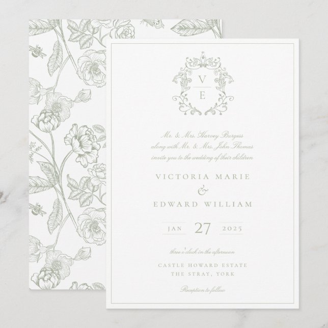 Dusty Sage Green Crest Monogram Wedding Invitation (Front/Back)