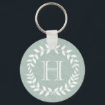 Dusty Sage Green Elegant Monogram Botanical Wreath Keychain<br><div class="desc">Accessorize in style with this personalized mint green and white monogrammed keychain. Design features modern laurel wreath leaves and stylish typography initial. Monogram in center is simple to customize. Makes an elegant and useful bridesmaid,  groomsmen,  and bridal party keepsake gift idea and compliments chic wedding greenery.</div>