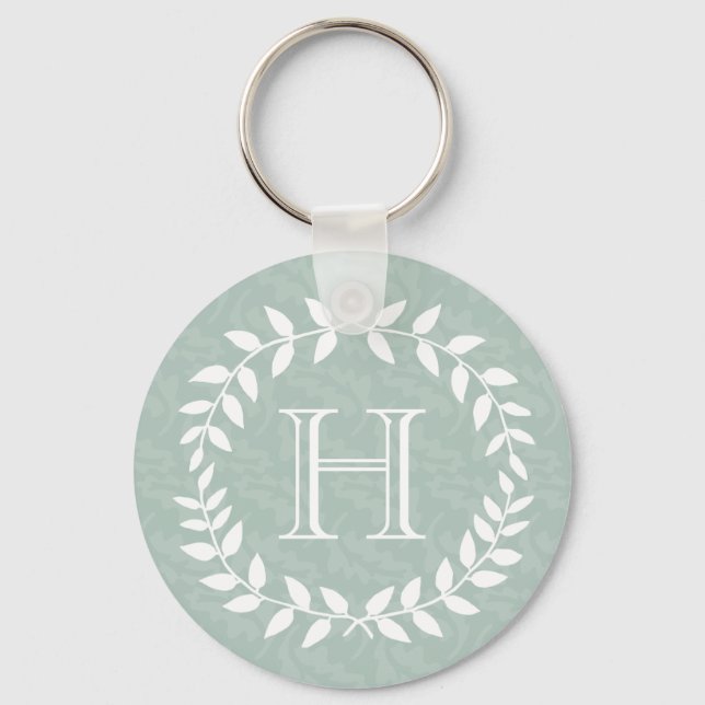 Dusty Sage Green Elegant Monogram Botanical Wreath Keychain (Front)