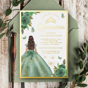 Dusty Sage Green Floral Butterfly Quinceanera Gold