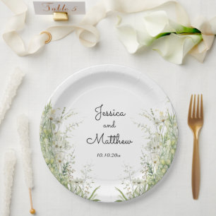 Dusty Sage Green Flowers Wedding Paper Plate