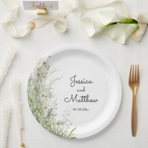 Dusty Sage Green Flowers Wedding Paper Plate