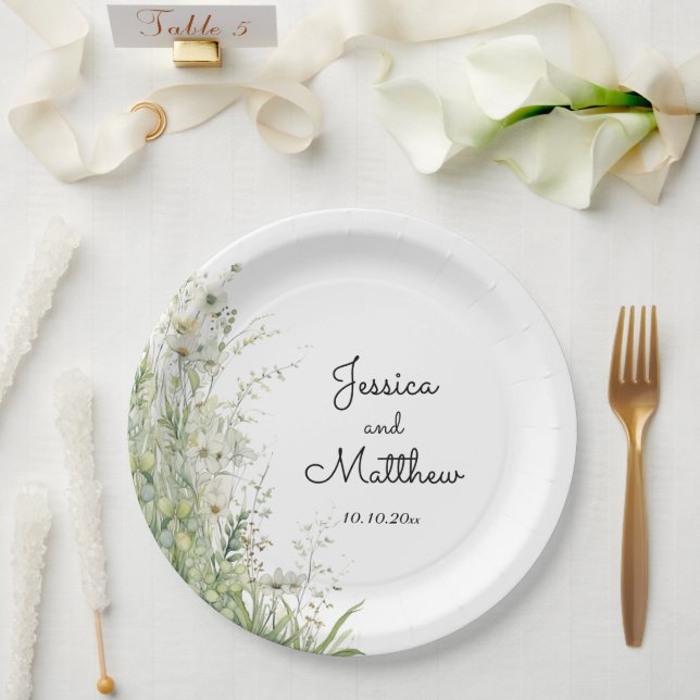 Dusty Sage Green Flowers Wedding Paper Plate (Wedding)