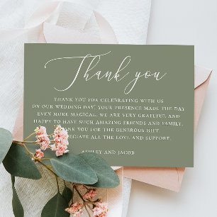 Dusty Sage Green Script Wedding   Elegant Rustic Thank You Card