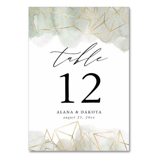 Dusty Sage Green Watercolor Gold Geometric Wedding Table Number (Front)