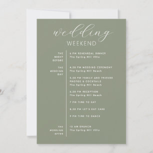 Dusty Sage Green Woodland Wedding Weekend Timeline Invitation