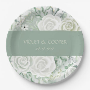 Dusty Sage Watercolor Florals Wedding Paper Plate