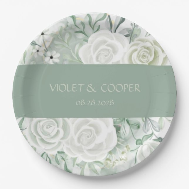Dusty Sage Watercolor Florals Wedding Paper Plate (Front)