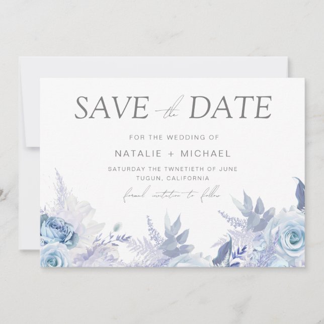 Dusty Sky Blue Floral Wedding Save The Date (Front)