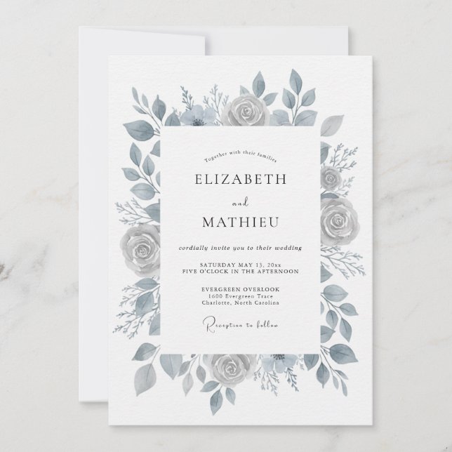 Dusty Slate Antique Rose Wedding Invitation (Front)