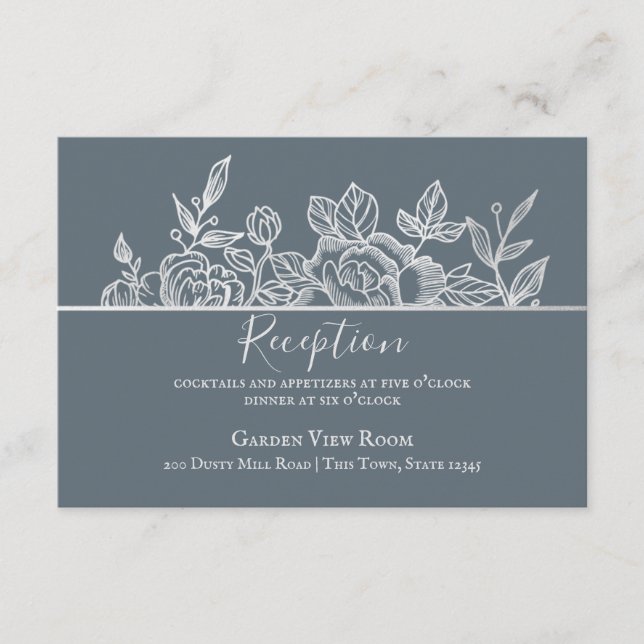 Dusty Slate Blue Silver Floral Sketch Wedding Enclosure Card (Front)