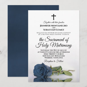 Dusty Steel Blue Rose Chic Modern Catholic Wedding Invitation