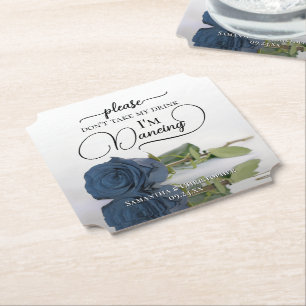 Dusty Steel Blue Rose Don't Take My Drink Wedding Paper Coaster