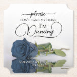 Dusty Steel Blue Rose Don't Take My Drink Wedding Paper Coaster<br><div class="desc">This wedding coaster is elegant, stylish, and fun! It features a photo of a single long-stemmed dusty steel blue or blue-grey coloured rose lying on its side mirrored in a pool of water. The text reads "Please don't take my drink, I'm dancing" written in modern script lettering. There is space...</div>