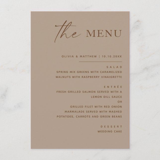 Dusty Taupe Wedding. Modern Warm Neutral Reception Menu (Front)