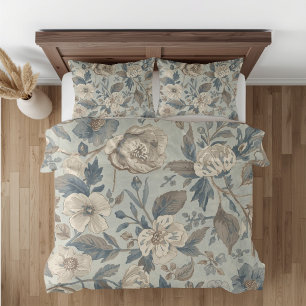 Dusty Teal Blue Brown Beige Farmhouse Floral Pillowcase