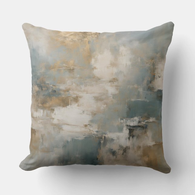 Dusty Teal Blue Gold Abstract Throw Pillow (Front)