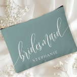 Dusty Teal Bridesmaid Modern Calligraphy Accessory Pouch<br><div class="desc">Celebrate your bridal party with this elegant dusty teal bridesmaid accessory pouch. Featuring modern calligraphy and customizable with your bridesmaid's name, this pouch is both stylish and practical. The soft dusty sage colour and elegant script create a sophisticated look, perfect for holding makeup, toiletries, or other essentials. This personalized pouch...</div>