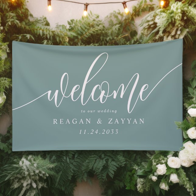 Dusty Teal Calligraphy Simple Wedding Welcome Banner (Creator Uploaded)