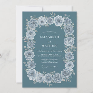 Dusty Teal Elegant Botanical Wedding Invitation