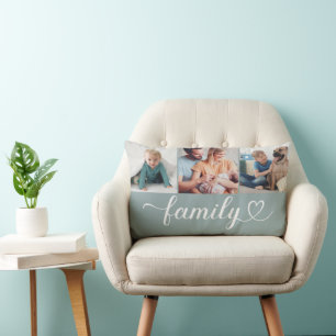 Dusty Teal Family Heart 3 Photo Collage Lumbar Pillow