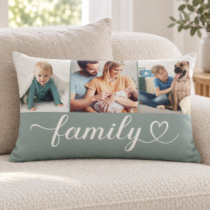 Dusty Teal Family Heart 3 Photo Collage Lumbar Pillow