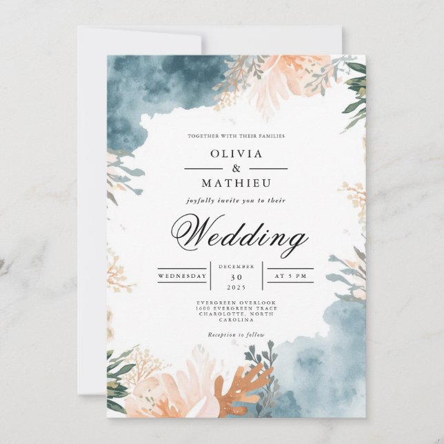 Dusty Teal Floral Abstract Wedding Invitation (Front)