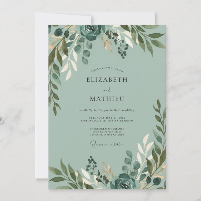 Dusty Teal Foliage Soft Eucalyptus Wedding Invitation (Front)