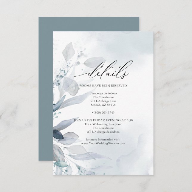Dusty Teal Foliage Watercolor Details Insert Invitation (Front/Back)