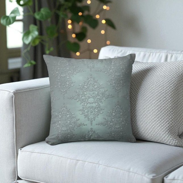 Dusty Teal Grey Fancy Damask Style Pattern Throw Pillow (Creator Uploaded)