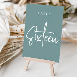 Dusty Teal Hand Scripted Table SIXTEEN Table Number<br><div class="desc">Simple and chic table number cards in dusty teal aqua and white make an elegant statement at your wedding or event. Design features "table [number]" in an eyecatching mix of classic serif and handwritten script lettering. Design repeats on both sides. Individually numbered cards sold separately; order each table number individually...</div>