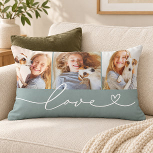 Dusty Teal Love Heart Script 3 Photo Lumbar Pillow