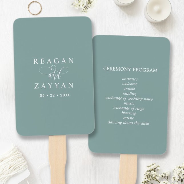 Dusty Teal Minimalist Wedding Program Hand Fan (Creator Uploaded)