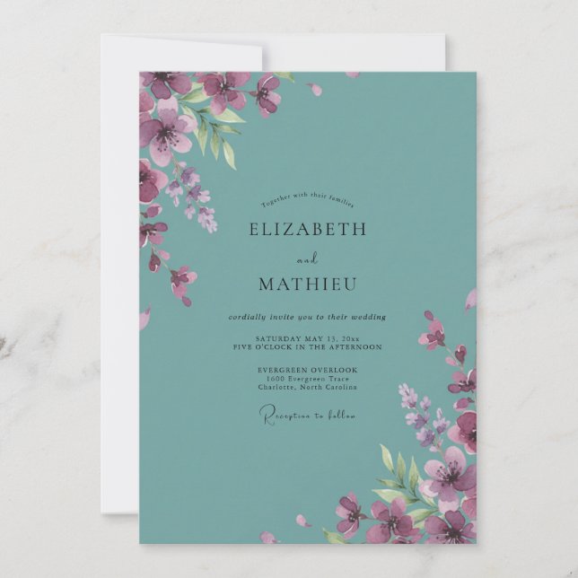 Dusty Teal Plum Painted Wedding Invitation (Front)