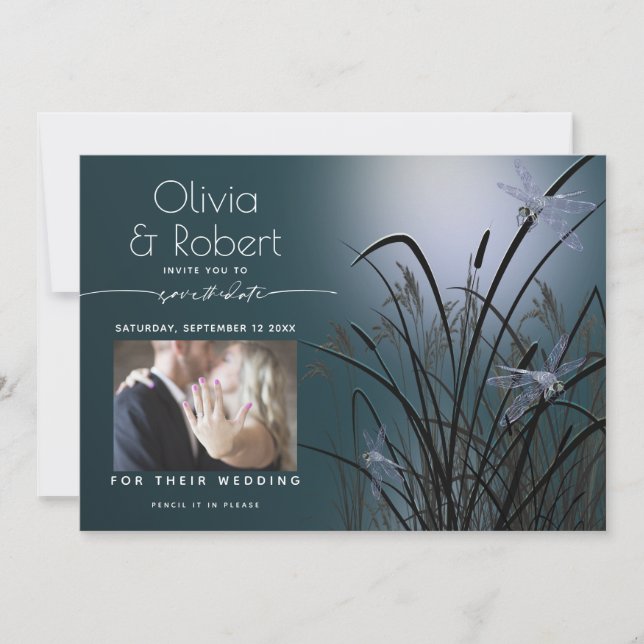 Dusty Teal Save the Date  Moonlight Dragonfly Invitation (Front)
