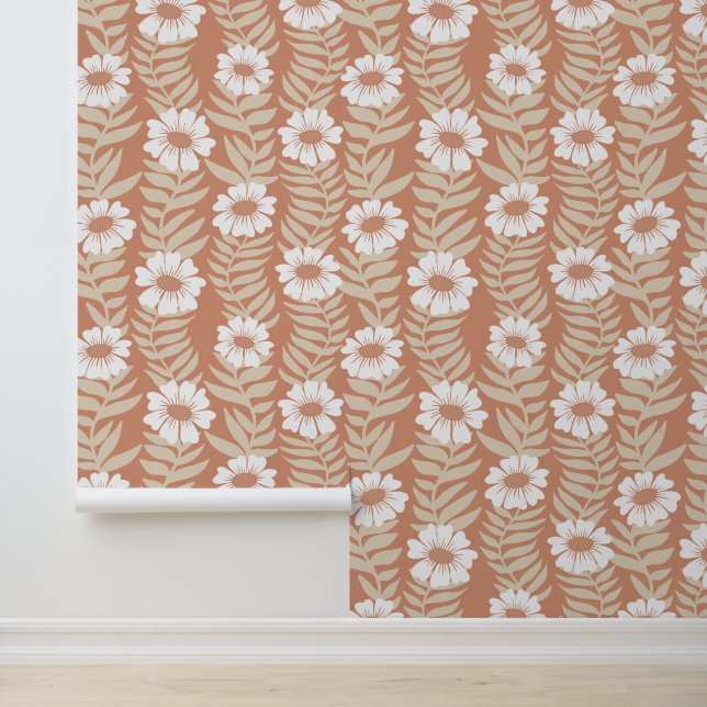 Dusty Terra Cotta Climbing Wavy Flower Stripe Wallpaper (Application)