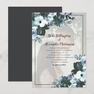 Dusty Twilight Blue Floral Wedding Photo Invitation