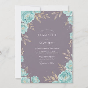 Dusty Violet Aqua Leafy Wedding Invitation