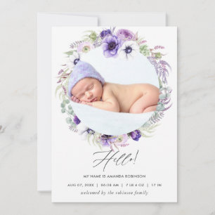 Dusty Violet Birth Announcement Photo Card