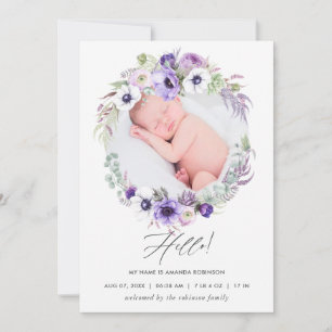 Dusty Violet Birth Announcement Photo Card