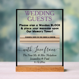 Dusty Violet Black Wooden Guest Book Block Names  Acrylic Sign