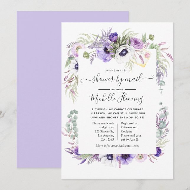 Dusty Violet Floral Baby Shower by Mail Invitation (Front/Back)