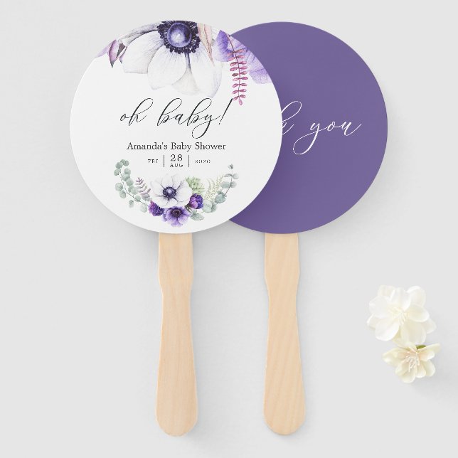 Dusty Violet Floral Baby Shower Hand Fan (Front and Back)