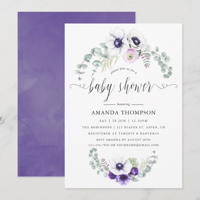 Dusty Violet Floral Baby Shower Invitation (Front/Back)
