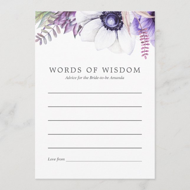 Dusty Violet Floral Bridal Shower Advice Card (Front)