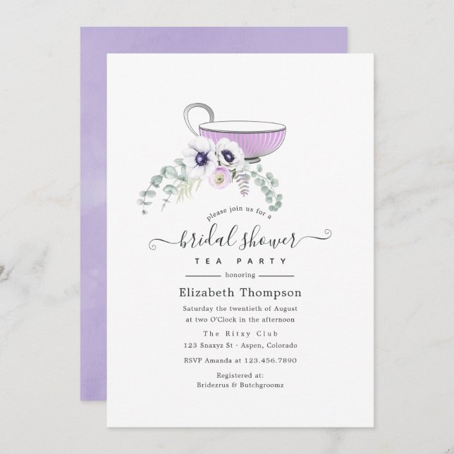 Dusty Violet Floral Bridal Shower Tea Party Invitation (Front/Back)