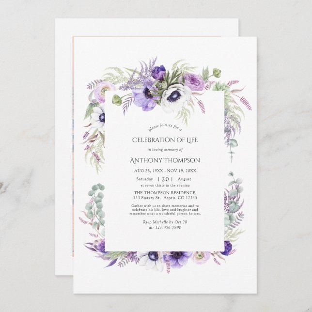 Dusty Violet Floral Celebration of Life Invitation (Front/Back)