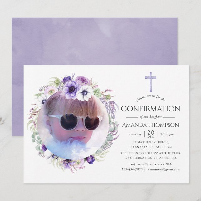Dusty Violet Floral Confirmation Invitation (Front/Back)
