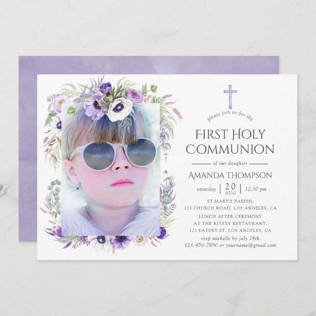 Dusty Violet Floral First Holy Communion Invitation (Front/Back)